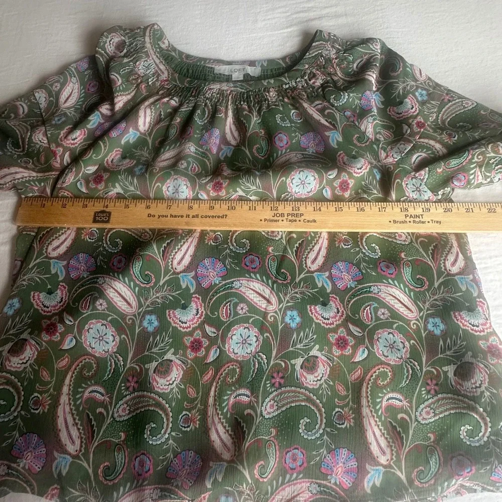 LOFT‎ Green Paisley Boho Smocked Neck Puff Sleeve Blouse Floral Top Women Size L